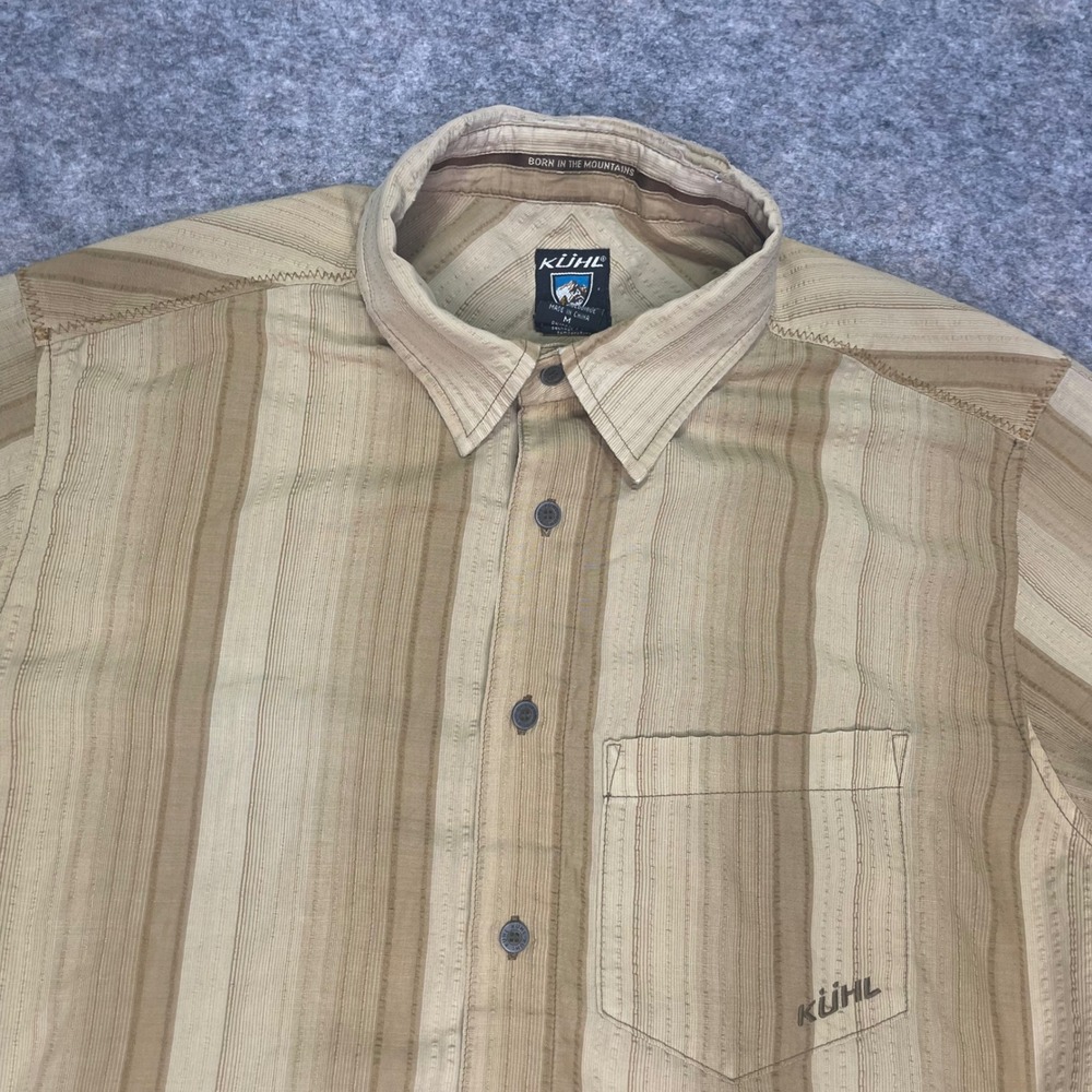 Kuhl Mens Medium Short‎ Sleeve Button Up Shirt Striped Tan Casual